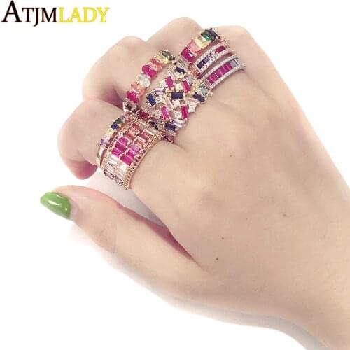 2020 New Filled Fashion Jewelry Rainbow Baguette Cz Ring For Women Usa Mexico Hot Selling Colorful Eternity Band Wedding Ring