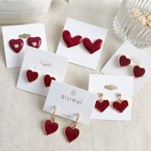 Charm Women Love Heart Enamel Stud Earrings Wine Red Color Simple Sweet Earring Jewelry Party Best Gifts