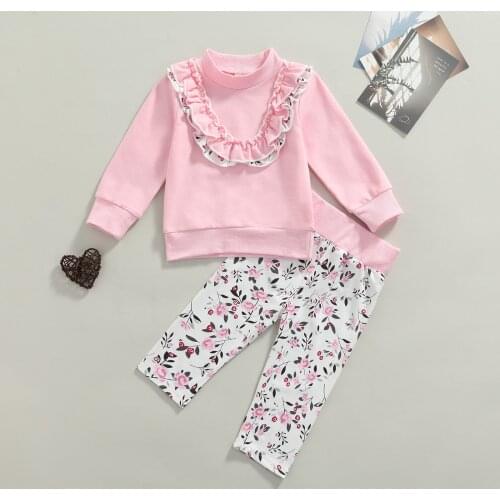 2Pcs Toddler Autumn Outfits, Flounce O-Neck Long-Sleeves Tops + Floral Pants for Baby Girls, 0-24 Months
