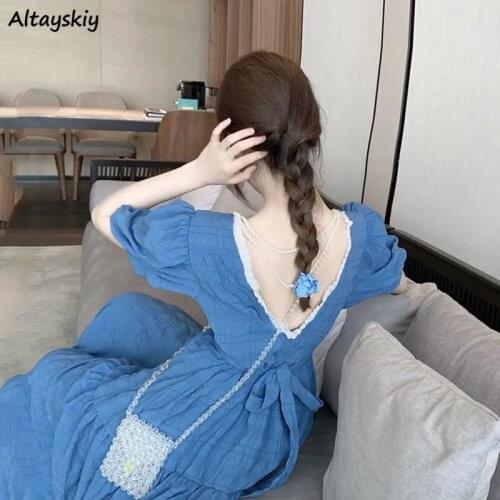 Dress Women Solid Fashion Leisure Backless Temperament French Style Loose Puff Sleeve All-match Summer New Female Vestido Simple