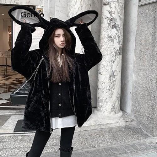 Cute Hooded Rabbit Ears Faux Rex Rabbit Fur Plush Suede Fur Coat 2020 Autumn Winter New Thick Overcoat Women Outwear