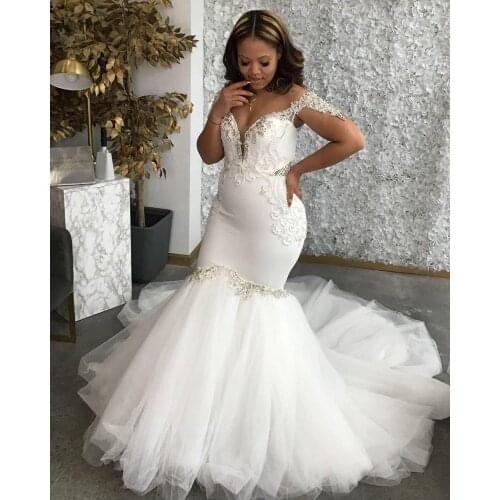 Sexy Bridal Dresses Elegant Wedding Gowns 2021 Plus Size Arabic Lace Crystals Mermaid Wedding Dresses luxury beaded with train