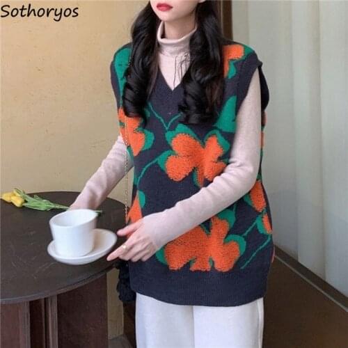 Sweater Vest Women Retro Spliced Floral Jumper Elegant V-neck Loose Korean Style Cool Knit Casual Trendy Chic Womens Streetwear