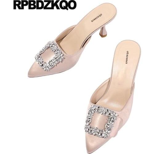 Shoes scarpin crystal pointed toe women stiletto pumps mules slipper satin sandals nude fashion 3 inch ladies high heels slip on