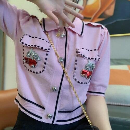 Women Crop Top Short Cardigan Women Summer 2021 New Lapel Cherry Beaded Pocket High Waist Sweater Shirt Thin Cropped Cardigan