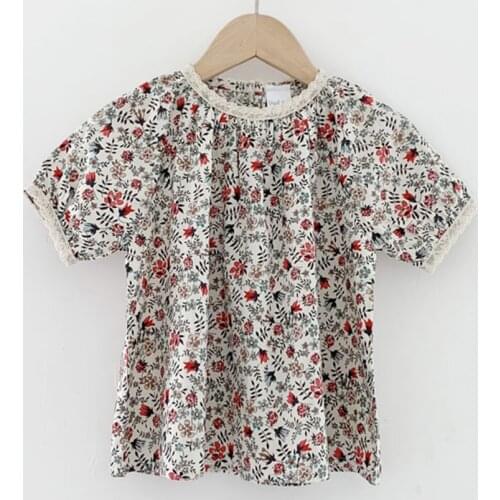 Vintage Floral Girls Shirt Summer Short Sleeve Kids Lace Shirt for Girls Clothing Toddler Baby Pullovers Children Bottom Shirt