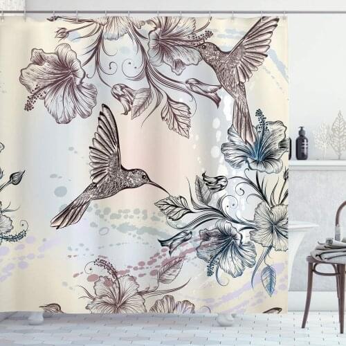 Hummingbird Shower Curtain Birds and Hibiscus Flowers Nostalgia Antique Design Classical Print Bathroom Decor Set with Hooks 70"
