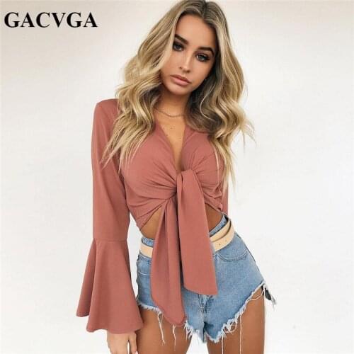 GACVGA 2019 Chiffon Blouse Shirt Women Summer Long Sleeve Crop Top Blouse Sexy Streetwear Bow Female Blouse Blusas