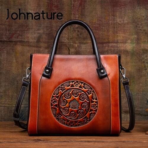 Johnature Genuine Leather Women Handbag 2021 New Retro Bucket Tote Bag Nature Cowhide Handmade Embossed Leisure Shoulder Bags