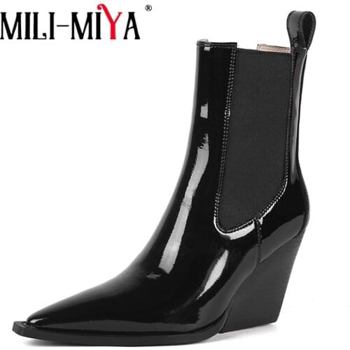 MILI-MIYA Fashion Pointed Toe Chelsea Ankle Boots Women Autumn Patent Leather Chunky High Heels Ladies Party Dress Footwear 2021