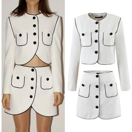 Womens Suit 2021 Fashion Office Long sleeve Single-breasted Pocket Blazers Coat +High waist Mini Skirt 2 piece set Clothing