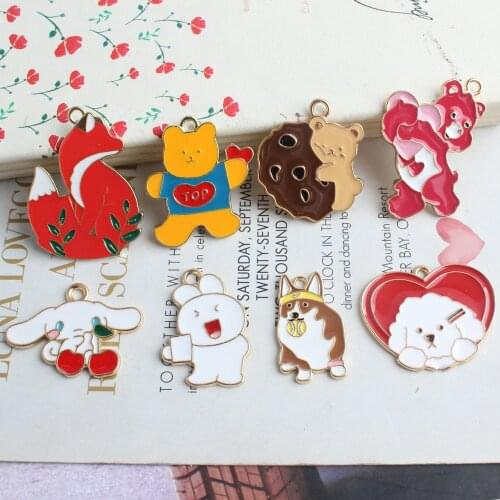 10Pcs/lot Cute Cartoon Fox Teddy Bear Rabbit Corgi Dog Enamel Charms Pendant for Making Earrings Keychain DIY Jewelry Findings