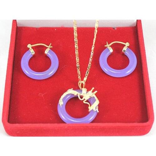 2 choices Wholesale 25mm GP purple Natural Stone dragon pendant hood earring Jades Jewelry set