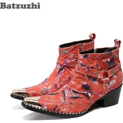 Batzuzhi Western Punk Mens Boots Pointed Metal Tip Genuine Leather Ankle Boots Men 6.5cm High Heels Party Men Boots Red, 38-46