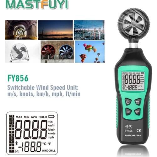 Mastfuyi FY856 Digital Anemometer Measuring Wind Speed Handheld Wind Speed Gauge Meter with Thermometer Backlight LCD Screen