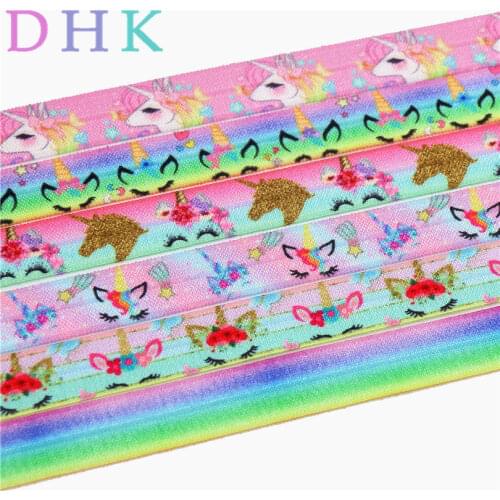 DHK 5/8'' 5yards unicorn face gradient color printed Fold Elastic FOE headband headwear hairband DIY decoration OEM C548