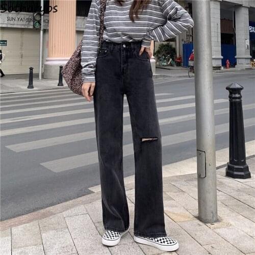 Jeans Women Mopping High Waist Zipper Ripped Holes Loose Straight Trousers Casual All-match Trendy Streetwear Korean Style New