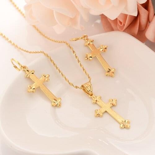 Gold cross Pendant Necklace chain Earrings sets Jewelry Gold Christian jewelry sets for women girl Best Jesus Gifts souvenir