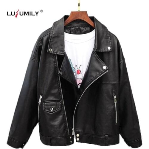 Lusumily Korean Style Winter Black Leather Jacket Women Loose Moto Jacket Female 2021 Spring Lady Streetwear Biker Coat Tops