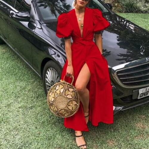 Summer Womens Dress 2021 Red V Neck Dress Party Dresses Split Summer long Bodycon Dress Midi Dresses Evening Dress Party Dresse