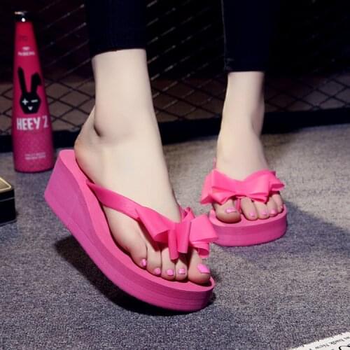 Summer bow slippers womens clamp edgy character drag thick bottom slope heel high-heeled beach shoes ladies cool slippers