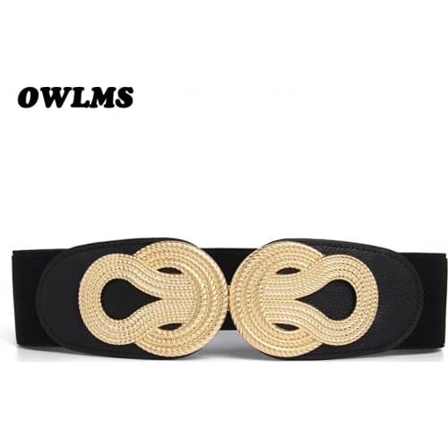 HOT Sale Elastic Cummerbunds Women Trendy Newest Gold Metal Big Bow Buckle Cummerbund Black PU Leather Wide Waist Belts Ladies