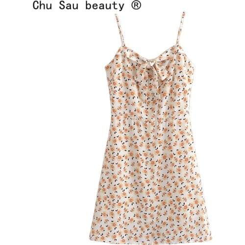 New Fashion Sweet Chic Floral Printed Bow Sling Dress Women Summer Small Fresh Style V-neck Sleeveless Mini Dresses Female