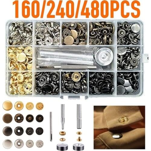 Leather Snap Fasteners Kit,12.5mm Metal Button Snaps Press Studs,160/240/480pcs Tools,4 Color Leather Snaps for Clothes,Jackets