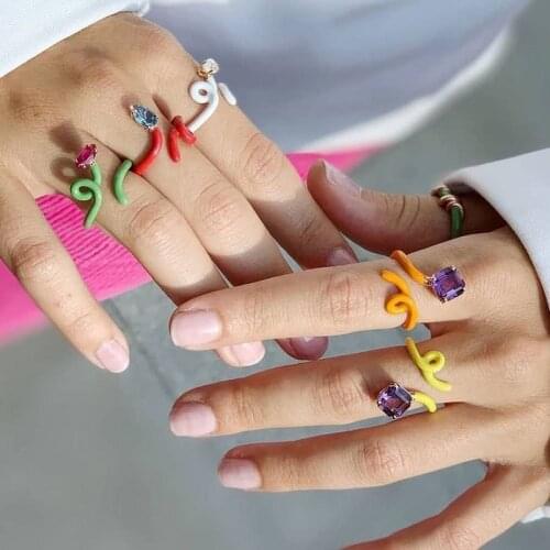 2021 New Ins Trendy Rhinestone Inlay Color Irregular Colorful Snake Shaped Drip Glaze Open Rings for Fashion Women Girls Jewelry