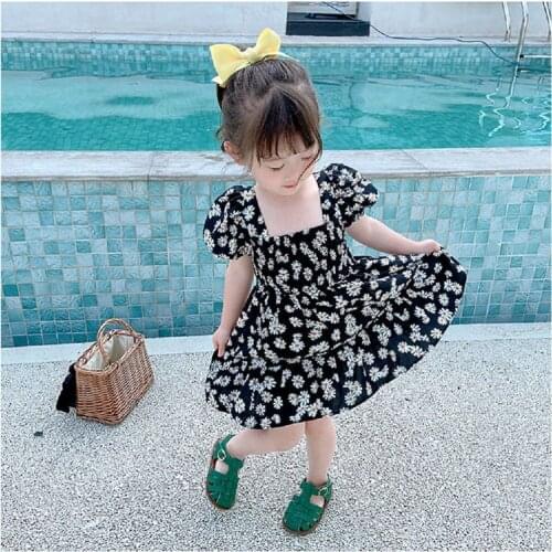 New Summer Kid Girls Dress Floral Sweet Puff Sleeves Children Party Suits Princess Casual Clothes Flower Beach Party Sundress