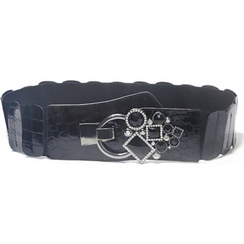 New Style Punk Faux Leather Elastic Wide Belt With Rhinestone Inlaid Pair Buckle Ladies Wide Girdle QZ0362