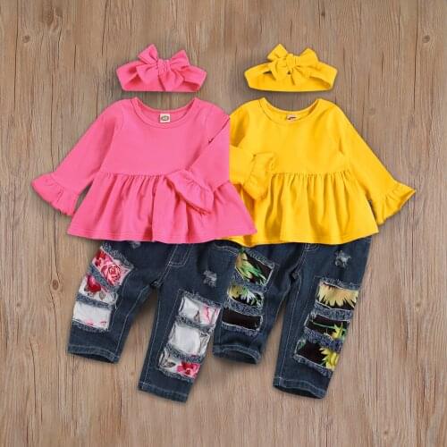 Autumn Kids Baby Girls Clothes Sets 3pcs Ruffles Long Sleeve Dress Tops Floral Denim Pants Headband