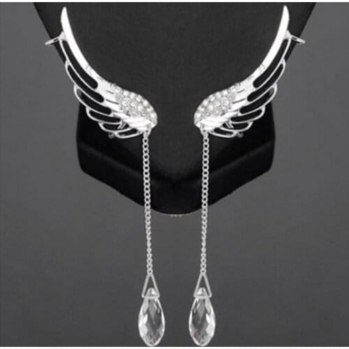 Angel Wing Clip on Earrings No Pierced Ears Clip Statement Jewelry Angel Wing Long Crystal Tassel Clip Earrings Without Piercing