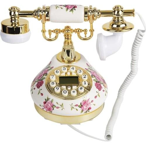 Vintage Antique Corded Landline European Ceramic Flower Pattern Round Base Old Fashioned Telephone with Push Button Dial Home