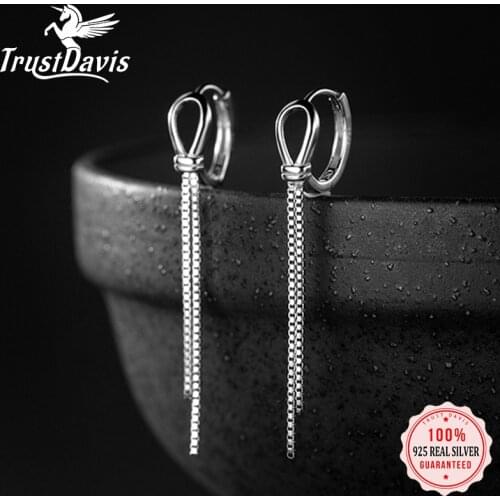 Trustdavis Minimalist Genuine 925 Sterling Silver Fashion Box Chain Tassel Hoops Earrings For Women Wedding Jewelry Gift DA2396