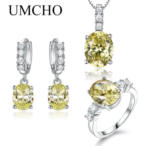 UMCHO Nano Topaz Yellow Gemstone Set Ring Earrings Necklace for Women Wedding Party Gift 925 Sterling Silver Fine Jewelry Set