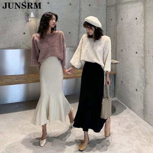 High Waist Vintage Knitted Mermaid Sweater Skirt Women Winter Spring Slim Midi Skirt Harajuku Elastic Waist Ruffle Party Skirts