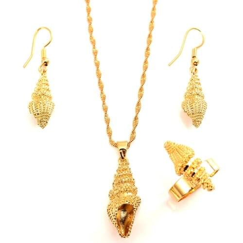 Fashion 14 k Yellow Gold GF Shell Pendant Necklace Earrings Rings Shell Chain Jewelry Women Seashell Choker Female