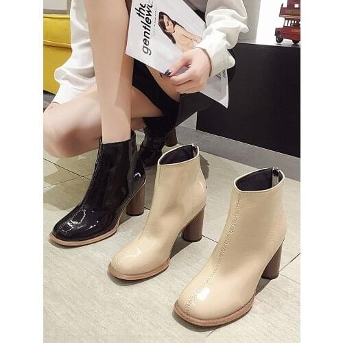 Womens shoes ankle boots 2020 autumn and winter new bright leather thick heel zipper high heel motorcycle boots