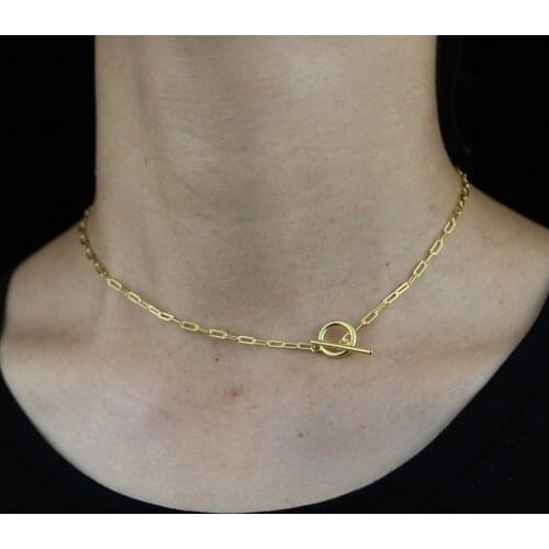Fashion real 925 sterling silver Link chain choker necklace with toggle clasp plated gold silver color hip hop jewelry for women