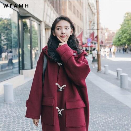 Hooded horn button wine red wool coat mid-length womens 2021 autumn and winter new Korean version loose thick fashion all-match