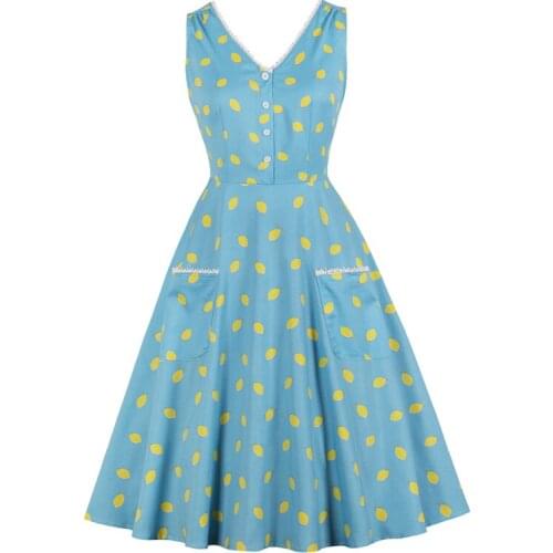 2021 Lace Insert V Neck Button Front Lemon Print A Line Pinup Dress 40s 50s 60s Women Summer Sky Blue Sleeveless Vintage Dress