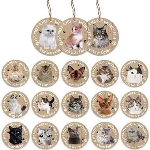 Cat Sign Round Shape Wooden Hanging Friendship Wood Plaque Pet Cat Houses Decor Wall Decor Home Decoration