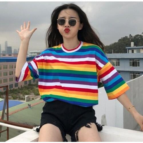 New T Shirt Women Rainbow Striped Tops Harajuku Tshirt 2020 Summer Short Sleeve Korean Punk T-shirt Camiseta Feminina