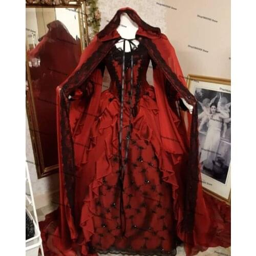 Gothic Halloween Prom Dresses with cape Winter Sleeping Beauty Red and Black Sparkle Fantasy Lace-up Corset Evening Gown Plus