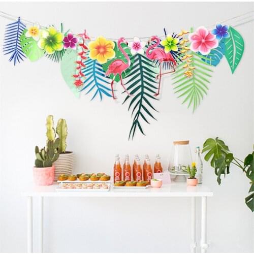 Creative plant leaves flamingo plumeria ornaments pull flag tropical theme party classroom window decoration