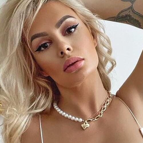 Stonefans Creative Heart Pearl Necklace Punk Cuban Link Chain Necklace Natural Pearl Heart Thick Chain Gothic Jewelry for Women