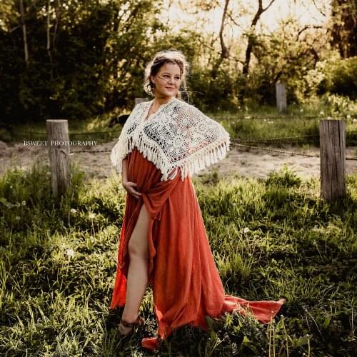 Crochet Kaftan Boho Cotton Photo Shoot Half Sleeves Robe Maternity Dress Evening Party Costume for Women Photography Accessories