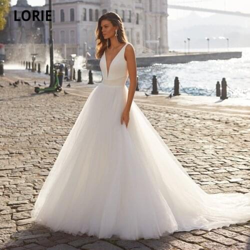 LORIE Elegant Beach Wedding Dresses 2021 V-Neck A-Line Tulle Open Back Princess Bride Gown vestido de noiva simples