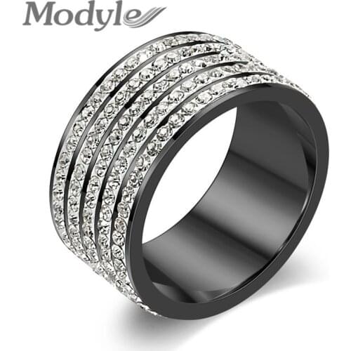 Modyle New Fashion Black Cool Stainless Steel Jewelry Crystal Wedding Rings for Women